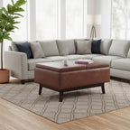 SIMPLIHOME Owen Small Coffee Table Storage Ottoman - 34 inch Wide Upholstered Vegan Leather Rectangle Ottoman in Distressed Pecan Brown, Mid-Century Modern Ottoman for Entryway with Serving Trays