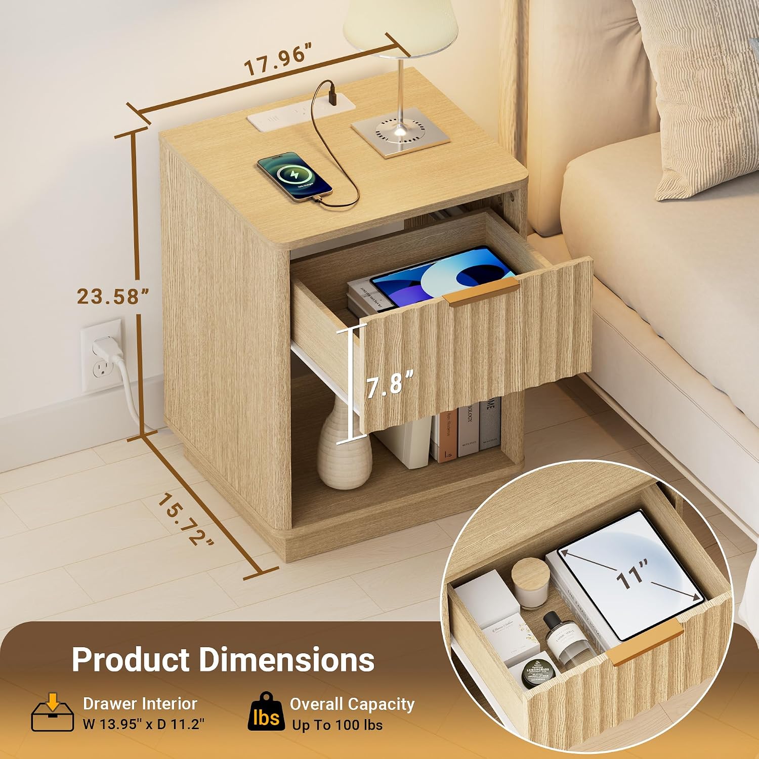 Fluted Nightstand with Charging Station, 18" W Night Stand with Metal Handle, FSC-Certified Wood, Modern End Table w/Storage, Bedside Table for Bedroom, Curved Profile Design, Natural Oak