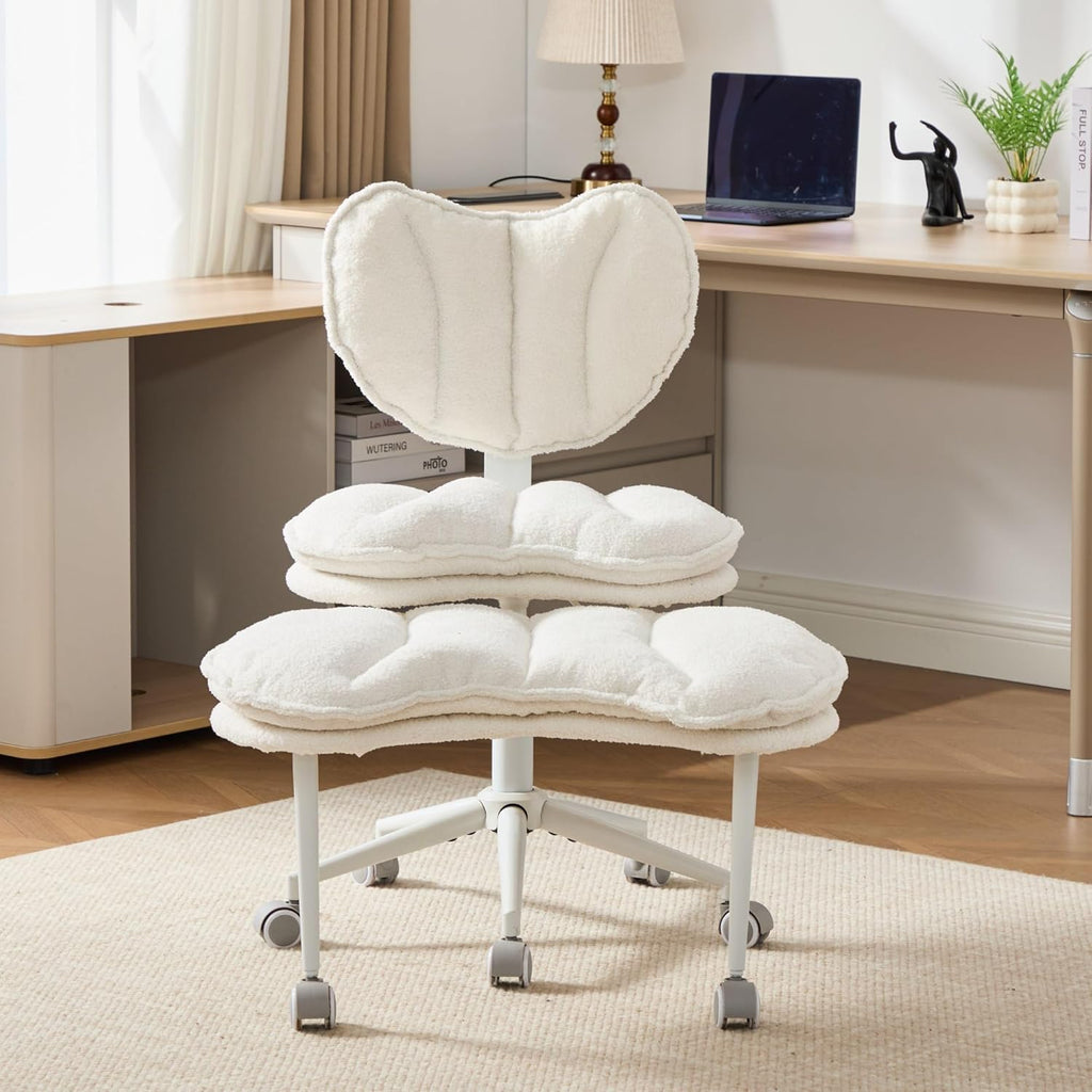 Cross Legged Office Chair with Wheels–360°Swivel Meditation Chair, Adjustable Height Yoga Office Chair for Adults, Ergonomic Kneeling Chair with Back Support for ADHD,Teddy Fabric Ivory
