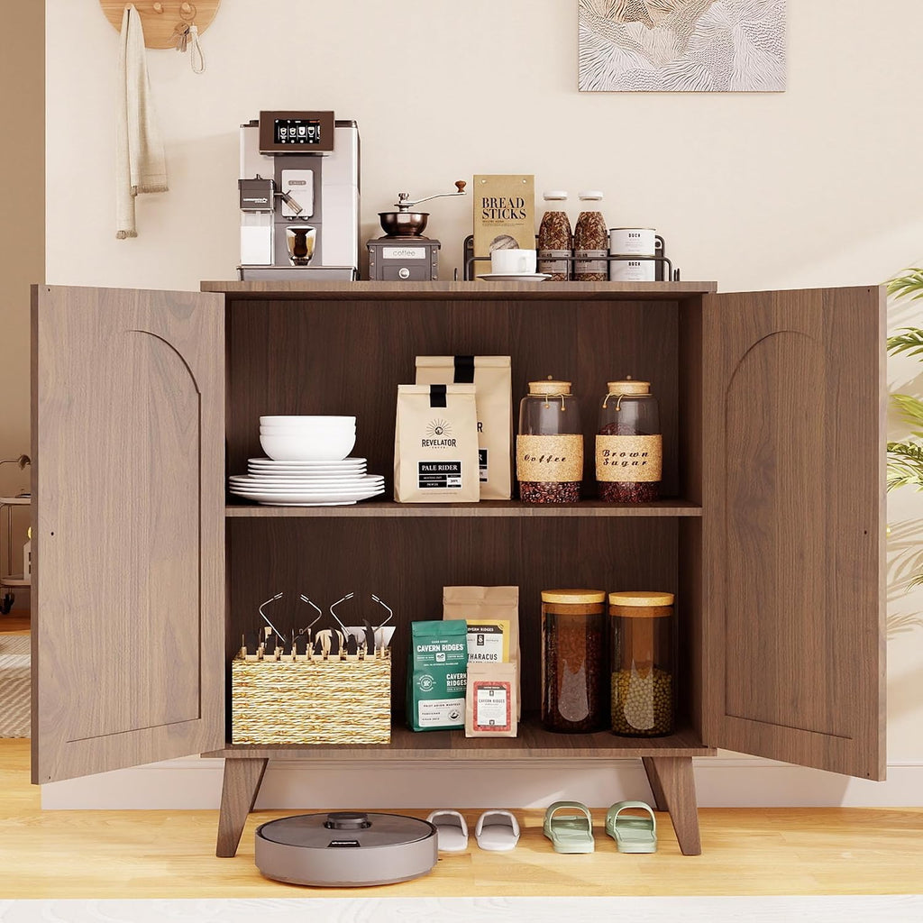Sideboard Buffet Cabinet with Storage, Modern Accent Cabinet with Adjustable Shelf & Solid Wood Legs, Farmhouse Coffee Bar Cabinet for Living Room, Kitchen, Entryway, Walnut*2 pc