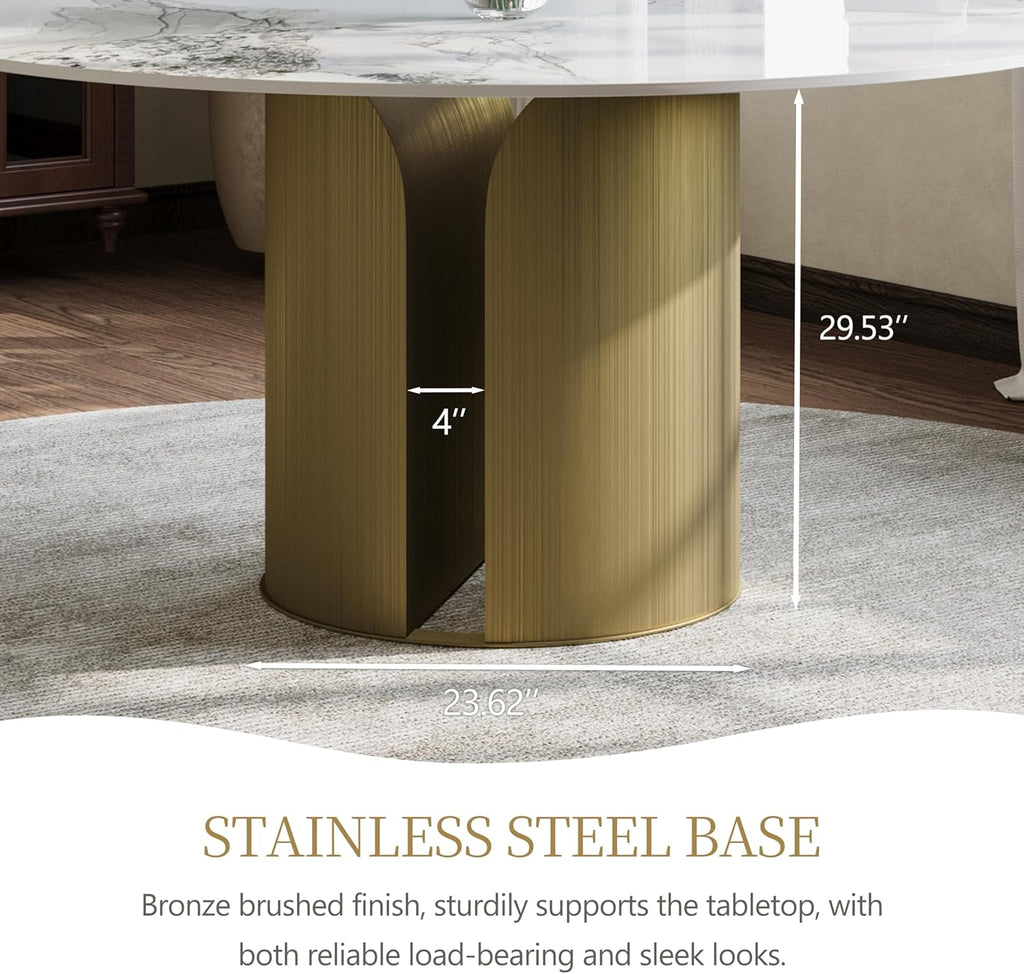 59" Modern Round Dining Table for 6, Glossy White Circle Kitchen Table, Sintered Stone Dining Room Table Top with Bronze Cylinder Hollow Base, Faux Marble Dinner Table for Home Party, (Table Only)