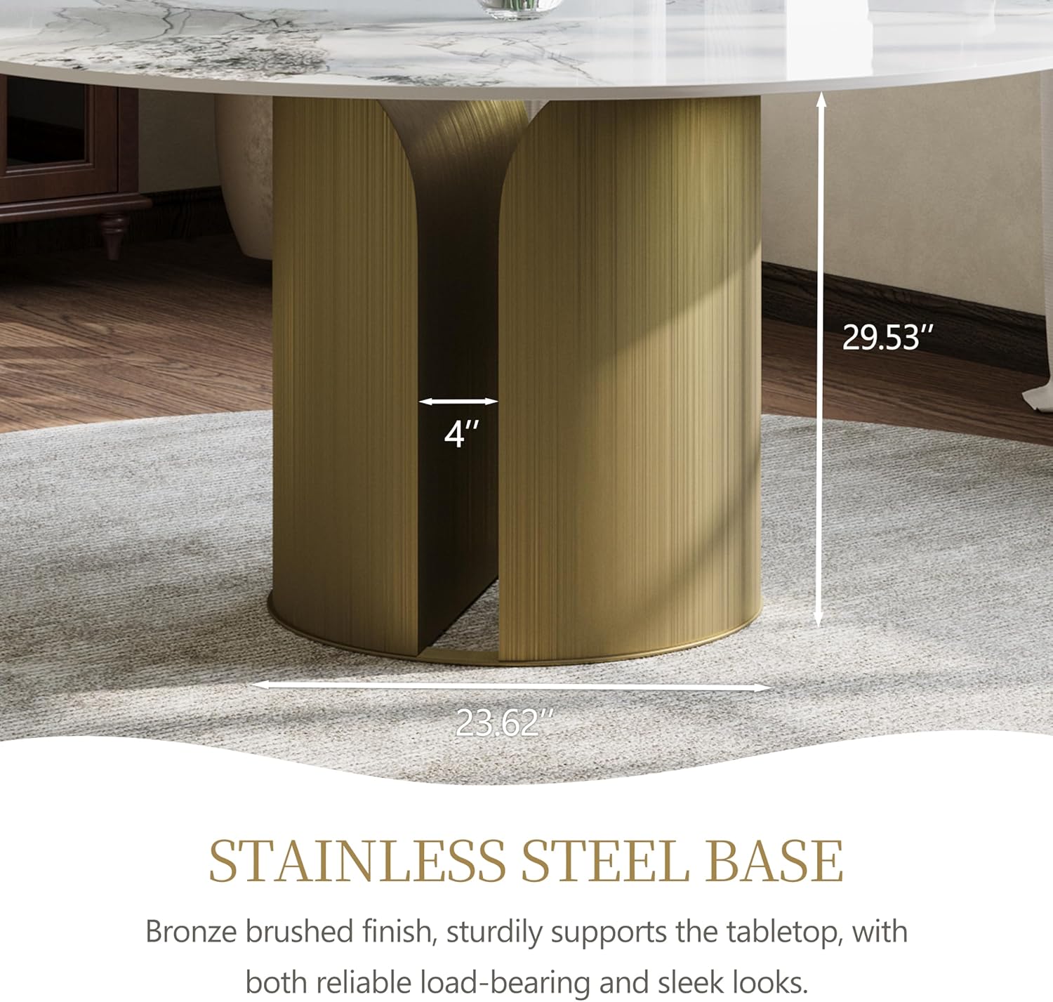 59" Modern Round Dining Table for 6, Glossy White Circle Kitchen Table, Sintered Stone Dining Room Table Top with Bronze Cylinder Hollow Base, Faux Marble Dinner Table for Home Party, (Table Only)