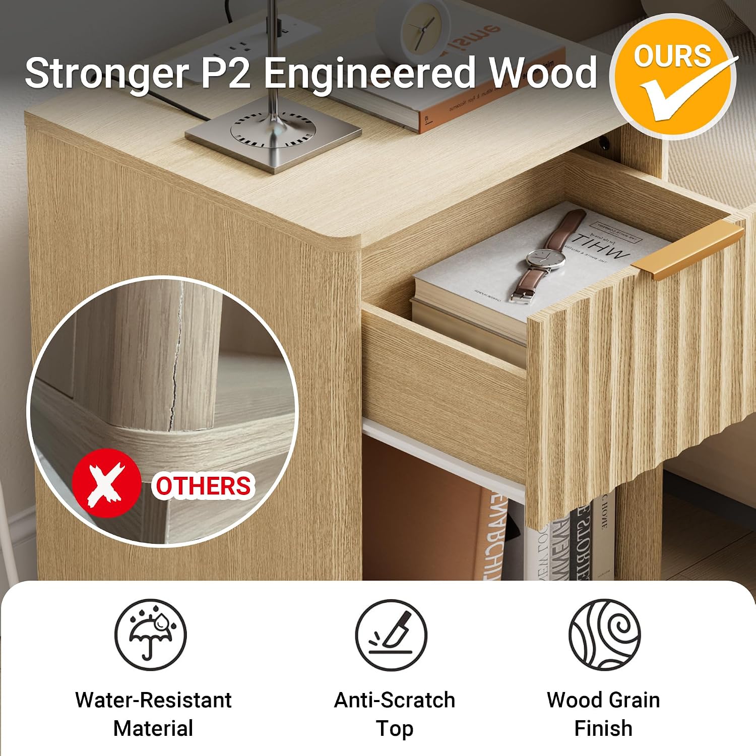 Fluted Nightstand with Charging Station, 18" W Night Stand with Metal Handle, FSC-Certified Wood, Modern End Table w/Storage, Bedside Table for Bedroom, Curved Profile Design, Natural Oak