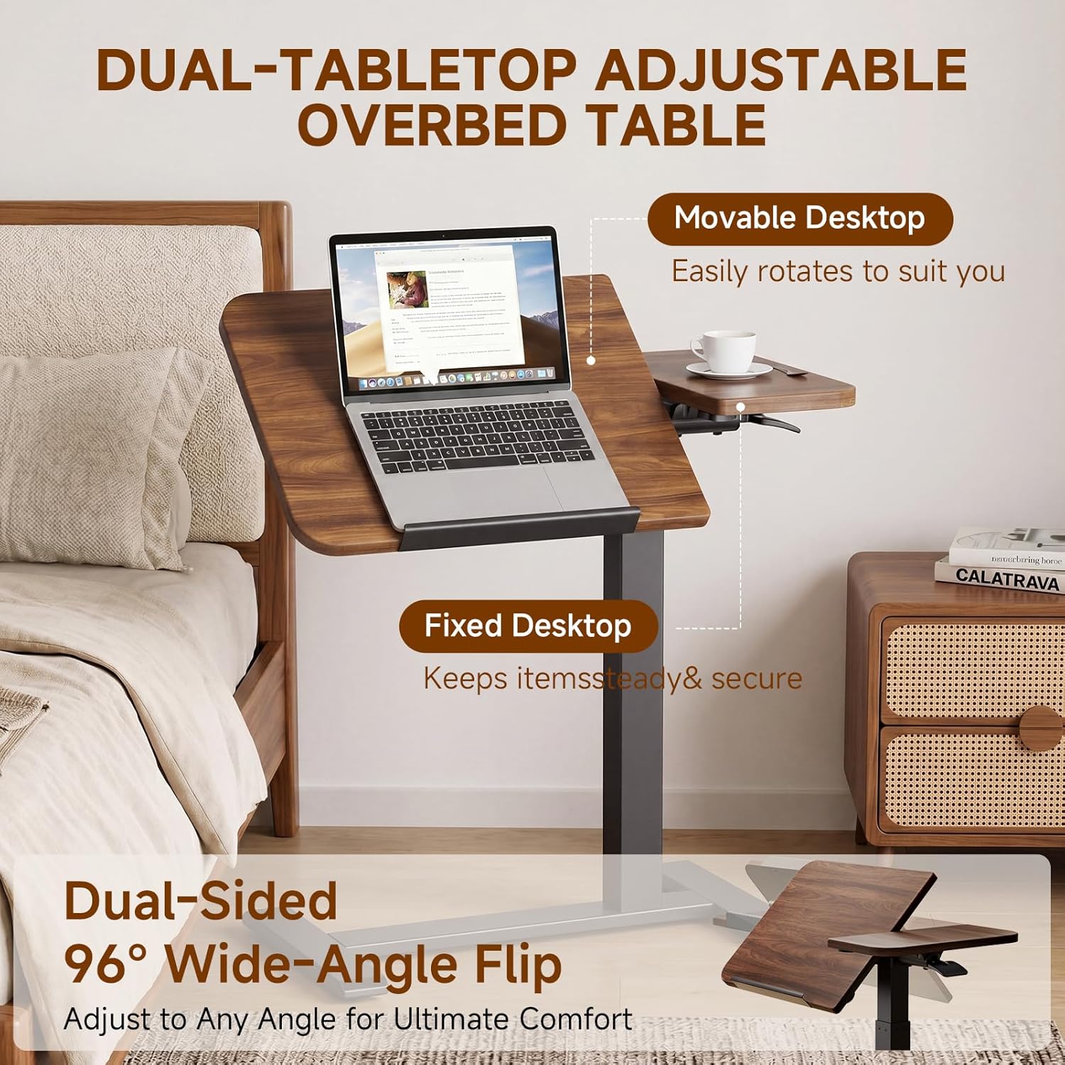 GTPLAYER Pneumatic Adjustable Standing Desk, 28 Inch Tiltable Mobile Rolling Laptop Table with Wheels, Overbed Bedside Table Computer Workstation for Home Office, Walnut