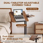 GTPLAYER Pneumatic Adjustable Standing Desk, 28 Inch Tiltable Mobile Rolling Laptop Table with Wheels, Overbed Bedside Table Computer Workstation for Home Office, Walnut