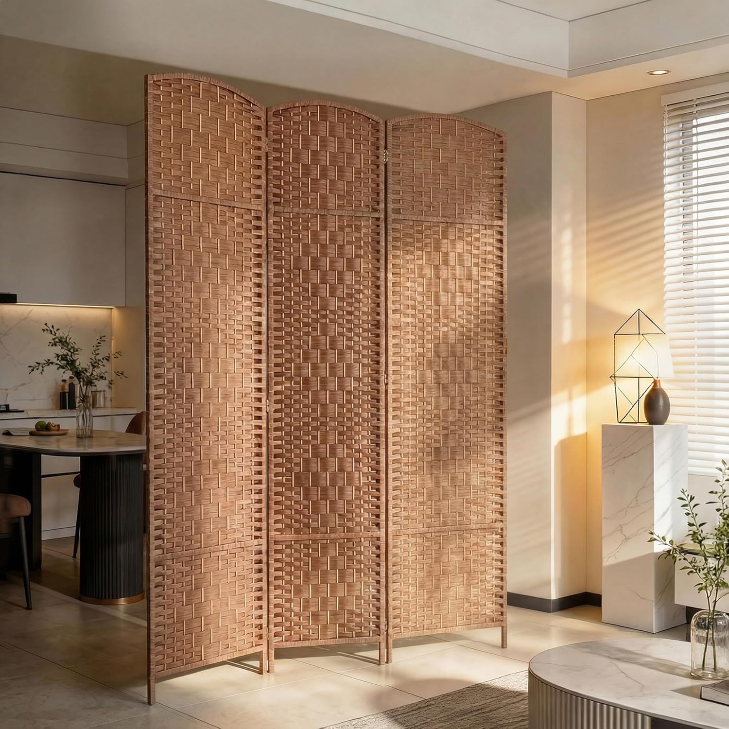 HOMCOM Room Divider 3 Panel, 6FT Tall Folding Privacy Screen, Freestanding Hand-Woven Partition for Room Separation with 360° Hinges, Paper Rope Diamond Weave, Natural