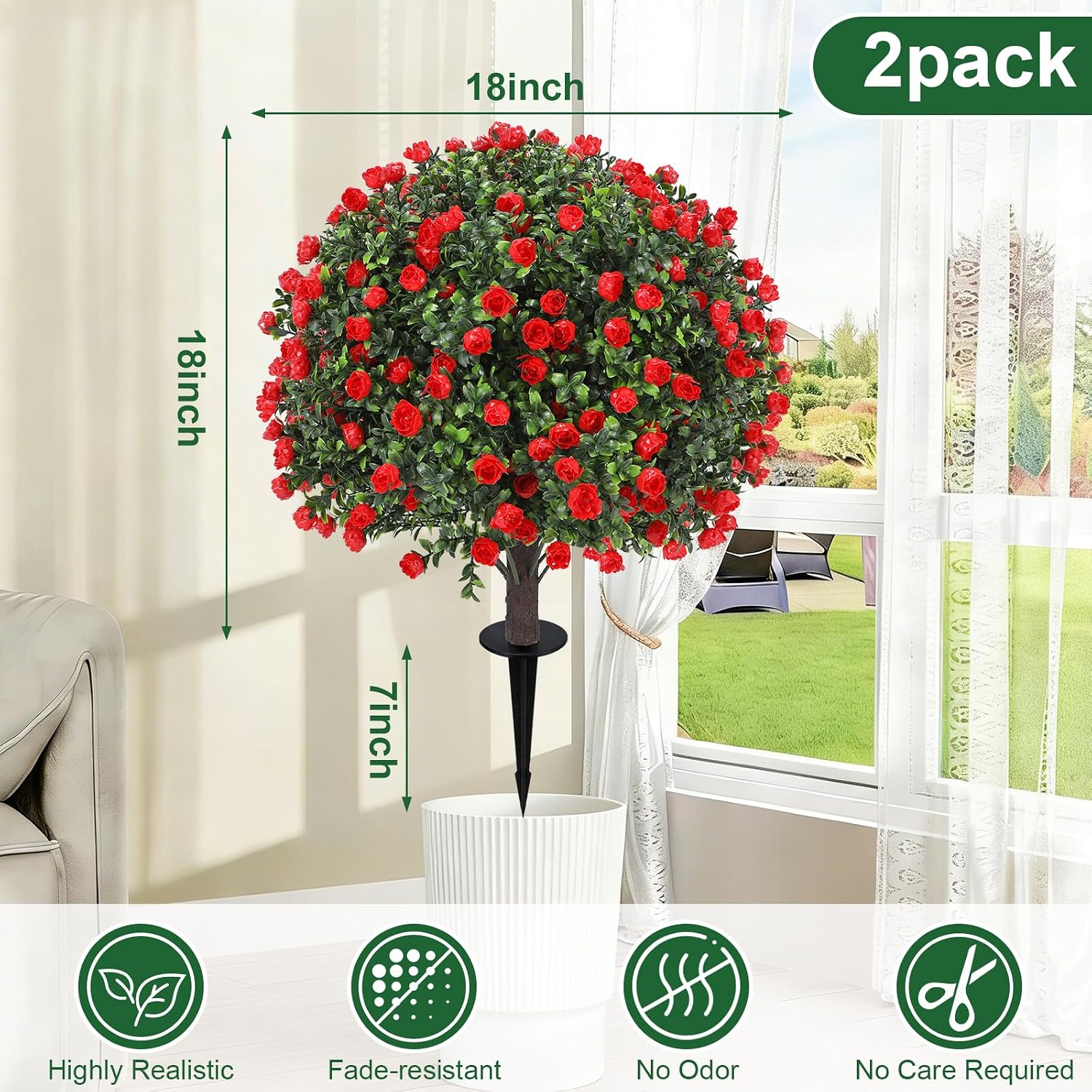 25" Artificial Red Rose Topiary Ball Trees with Ground Spike (Set of 2), UV Resistant Faux Plants into Anywhere, Evergreen Boxwood Shrubs, for Indoor Outdoor Front Porch Garden Backyard Decor