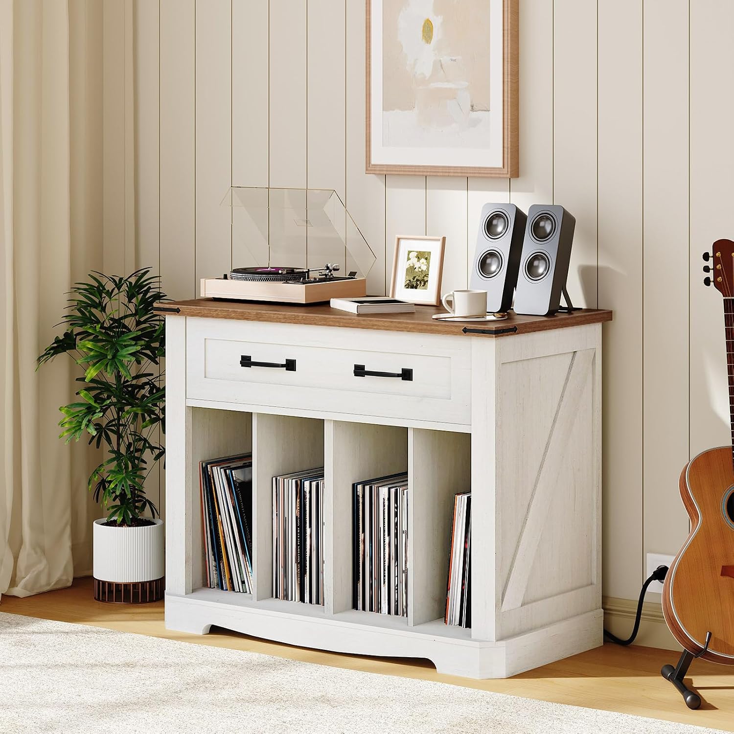 YATINEY Large Record Player Stand with Charging Station, Turntable Stand with Drawer, Vinyl Record Storage, End Side Table for Living Room,Vintage White and Brown ET75UWH