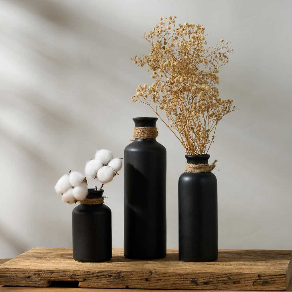 Matte Black Ceramic Vase Set, 3 Pcs Rustic Decorative Vases for Modern Farmhouse Office Home Decor, Living Room Centerpieces Decoration for Table Mantel Entryway Shelves Décor