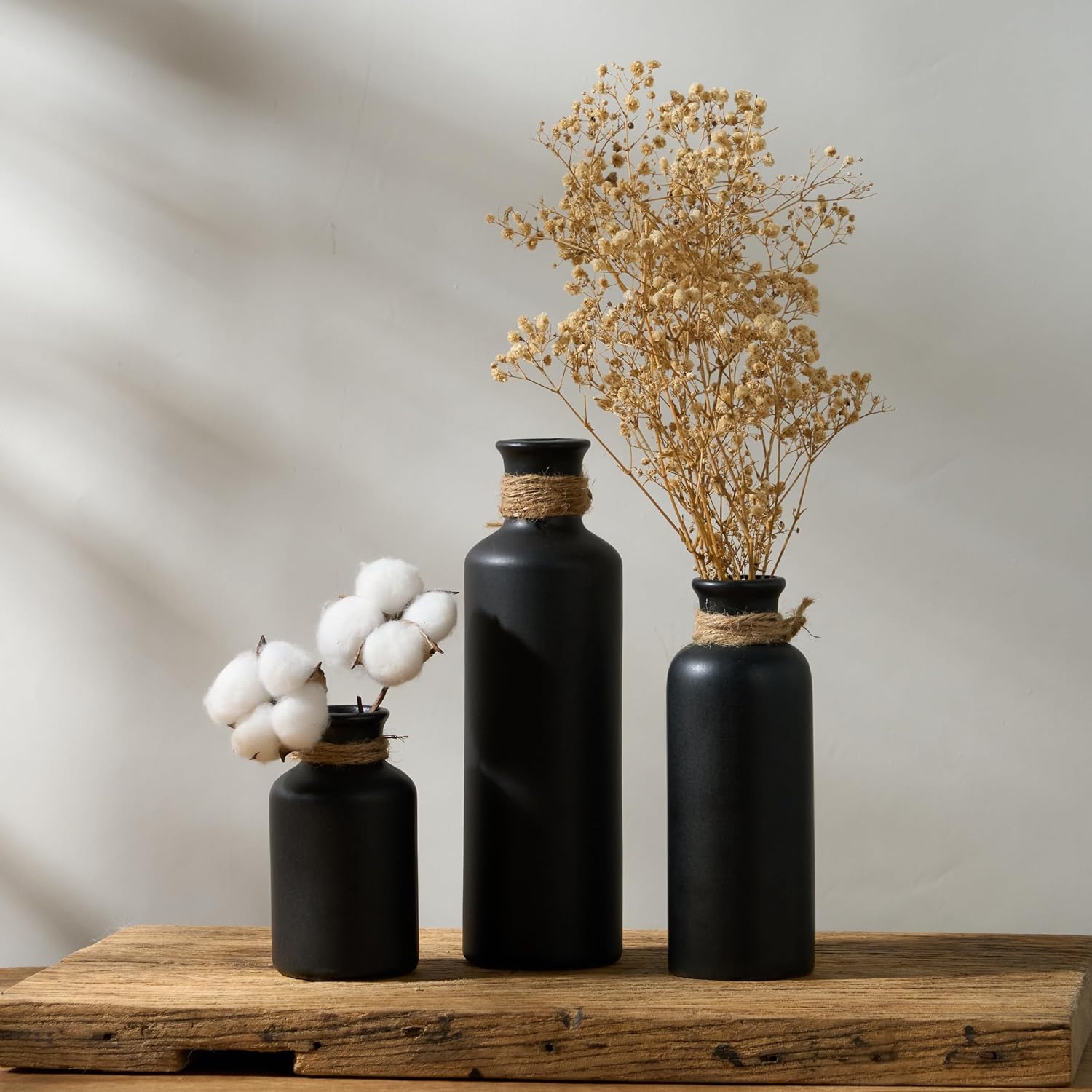 Matte Black Ceramic Vase Set, 3 Pcs Rustic Decorative Vases for Modern Farmhouse Office Home Decor, Living Room Centerpieces Decoration for Table Mantel Entryway Shelves Décor