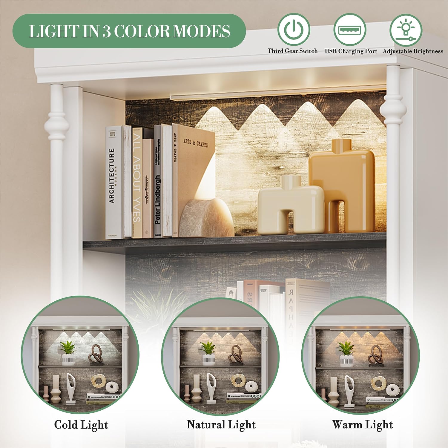 71 Inch Tall Storage Cabinet with LED Lights, Freestanding Pantry Cabinet with Double Doors and Adjustable Shelves, Roman Column Bookcase for Kitchen Dining Room Living Room