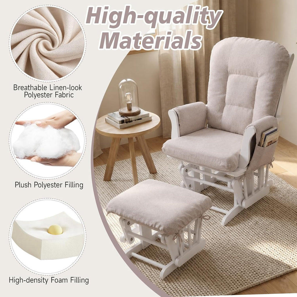 Boshen 5PCS Glider Rocker Replacement Cushions with Ottoman Cover, 3.5" Thick High Back Rocking Chair Cushion Set with Side Pockets for Indoor Nursery Glider Chair, Washable and Non Slip, Beige