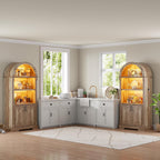 Vlsrka 71" Tall Arched Kitchen Pantry Cabinets, Wood Kitchen Storage Cabinets/Arched Bookshelf/Bookcase,China Cabinet with Open & Adjustable Shelves, Induction LED Light (Brown)
