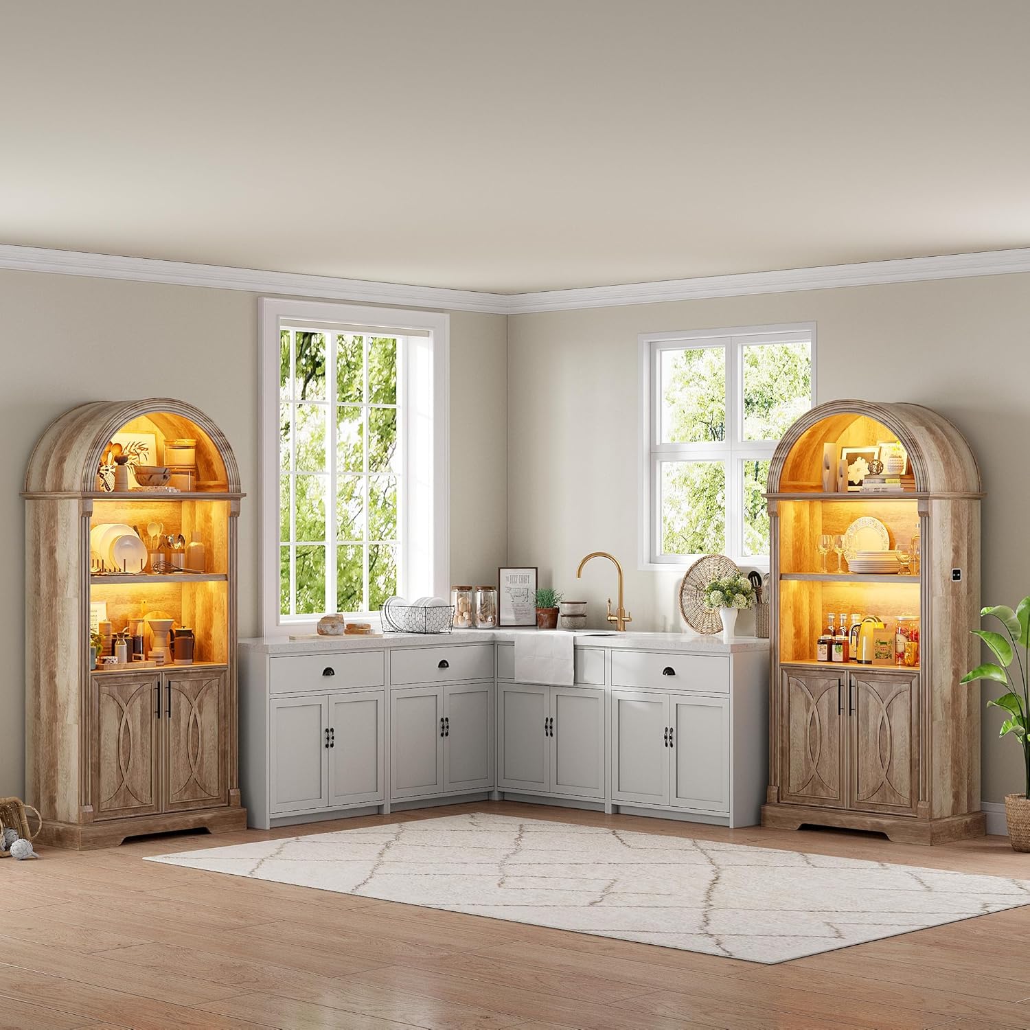 Vlsrka 71" Tall Arched Kitchen Pantry Cabinets, Wood Kitchen Storage Cabinets/Arched Bookshelf/Bookcase,China Cabinet with Open & Adjustable Shelves, Induction LED Light (Brown)