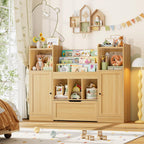 FOTOSOK Toy Storage Organizer with 2 Doors and Movable Drawer, 55.2'' W Toy Organizers and Storage with 9 Cubbies, Kids Bookshelf with Toy Shelf, Playroom Storage Toy Chest Cabinet for Playroom