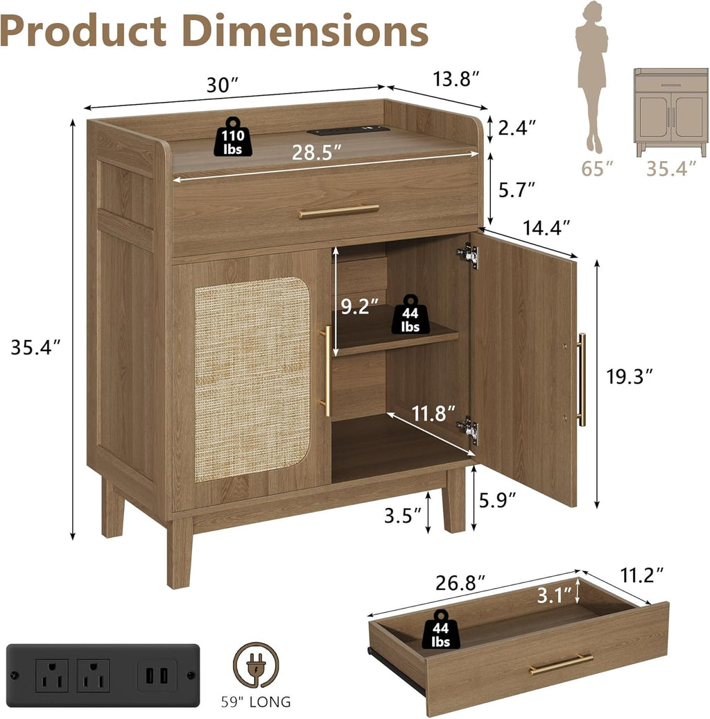 30" Rattan Sideboard Buffet Cabinet with Storage and Drawer, Boho Coffee Bar with Charging Station, Wood Accent Cabinet with Adjustable Shelf & 2 Door for Kitchen, Living Room, Entryway, Brown