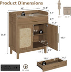 30" Rattan Sideboard Buffet Cabinet with Storage and Drawer, Boho Coffee Bar with Charging Station, Wood Accent Cabinet with Adjustable Shelf & 2 Door for Kitchen, Living Room, Entryway, Brown