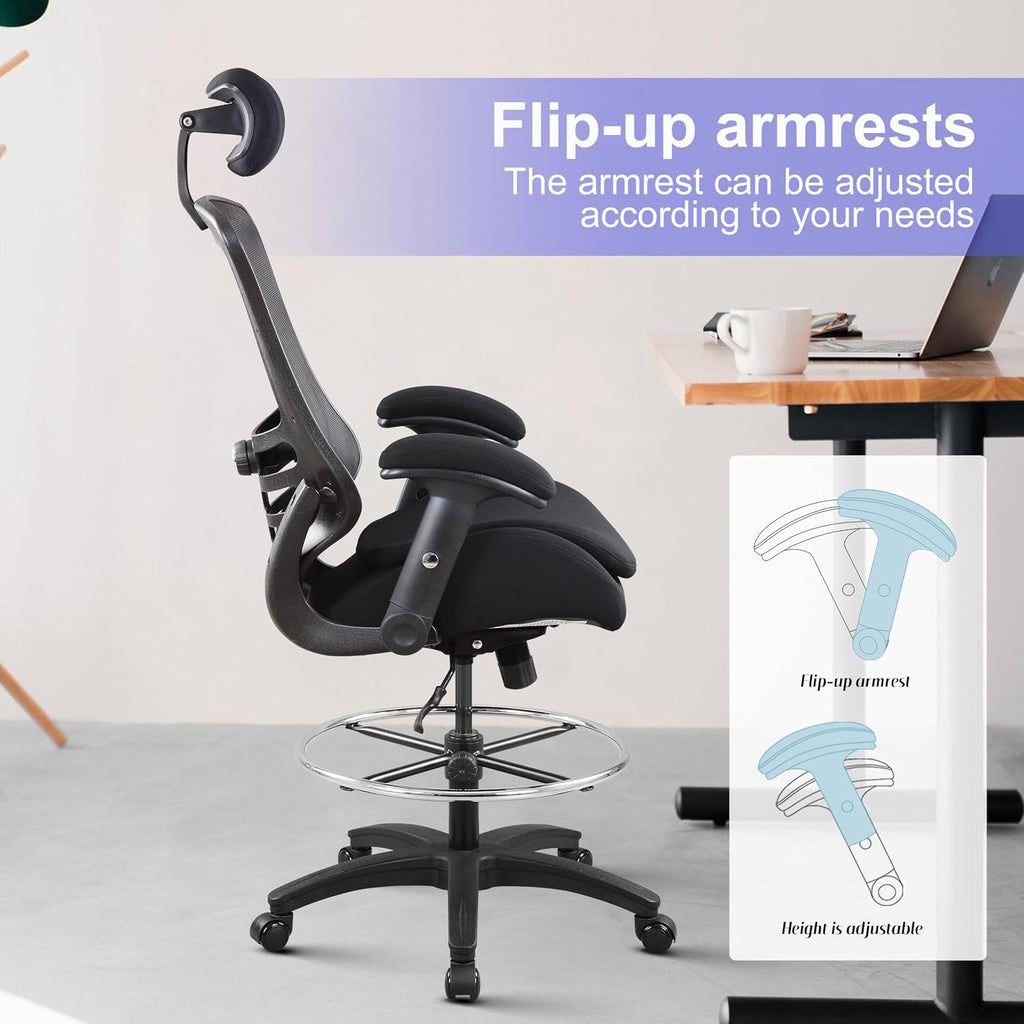 BOLISS 400lbs Ergonomic Drafting Chair,Tall Office Mesh Chair, Standing Desk Chair,Height Adjustable Armrest and Flip up Arms, Adjustable Lumbar Cushion (Black Frame Black Mesh)