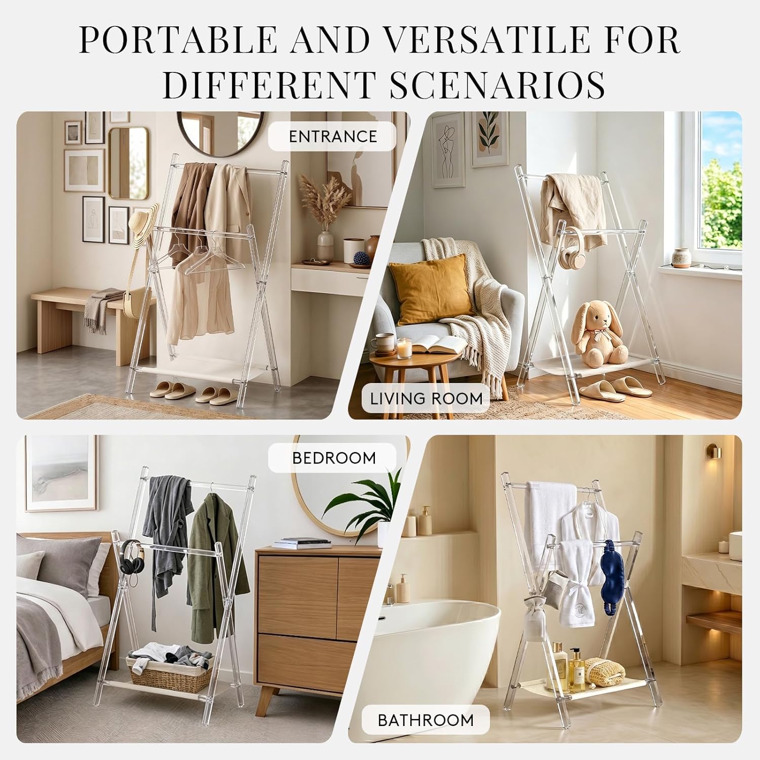 Acrylic Coat Rack Stand with Shelf, Foldable Clear Coat Hanger Stand, Modern Acrylic Hall Tree for Entryway, Bedroom, Living Room, Sturdy & Easy to Assemble