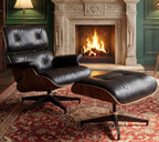 Luxury Top Black Grain Leather Mid Century Chaise Lounge Chair with Ottoman, Premium Handcrafted Walnut Wood, Ergonomic Modern Accent Chair for Living Room Office