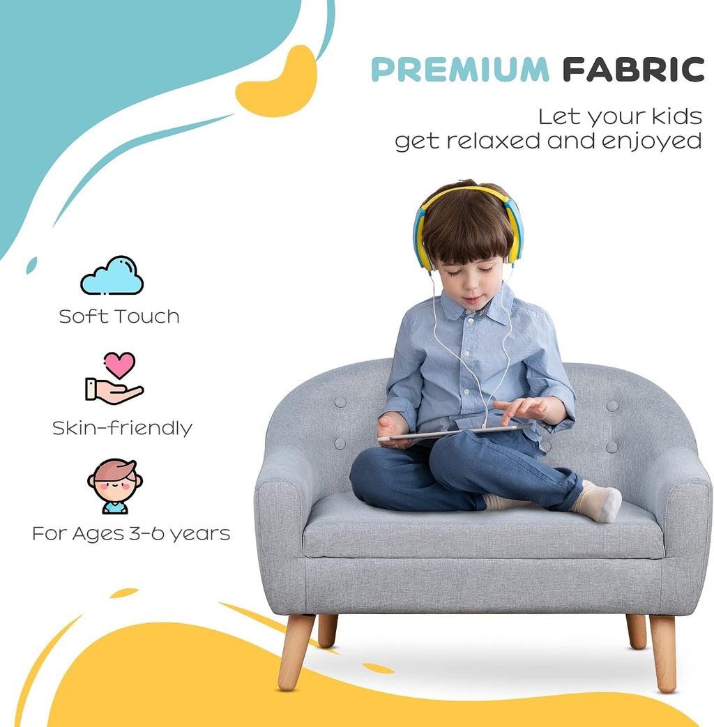 Qaba 2-Seat Kids Sofa, Toddler Sofa Couch, Linen-Like Fabric and Wooden Frame Sofa Chair for Ages 3-7, 11" High Seat, Gray