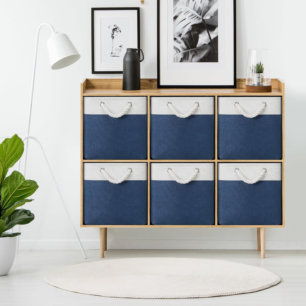 Posprica 11×11×11 Storage Cubes, Collapsible Storage Bins Organizer for Closet, Fabric Storage Box with Cotton Rope Handles, Decorative Storage Baskets for Shelves, set of 6 - White/Blue