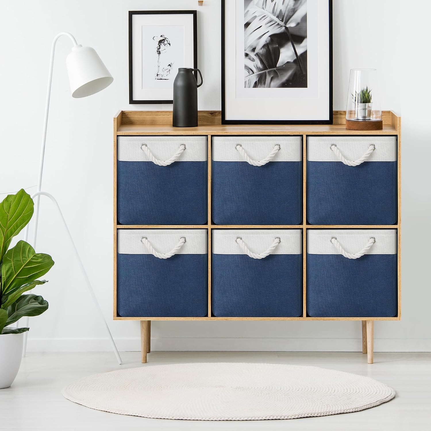 Posprica 11×11×11 Storage Cubes, Collapsible Storage Bins Organizer for Closet, Fabric Storage Box with Cotton Rope Handles, Decorative Storage Baskets for Shelves, set of 6 - White/Blue