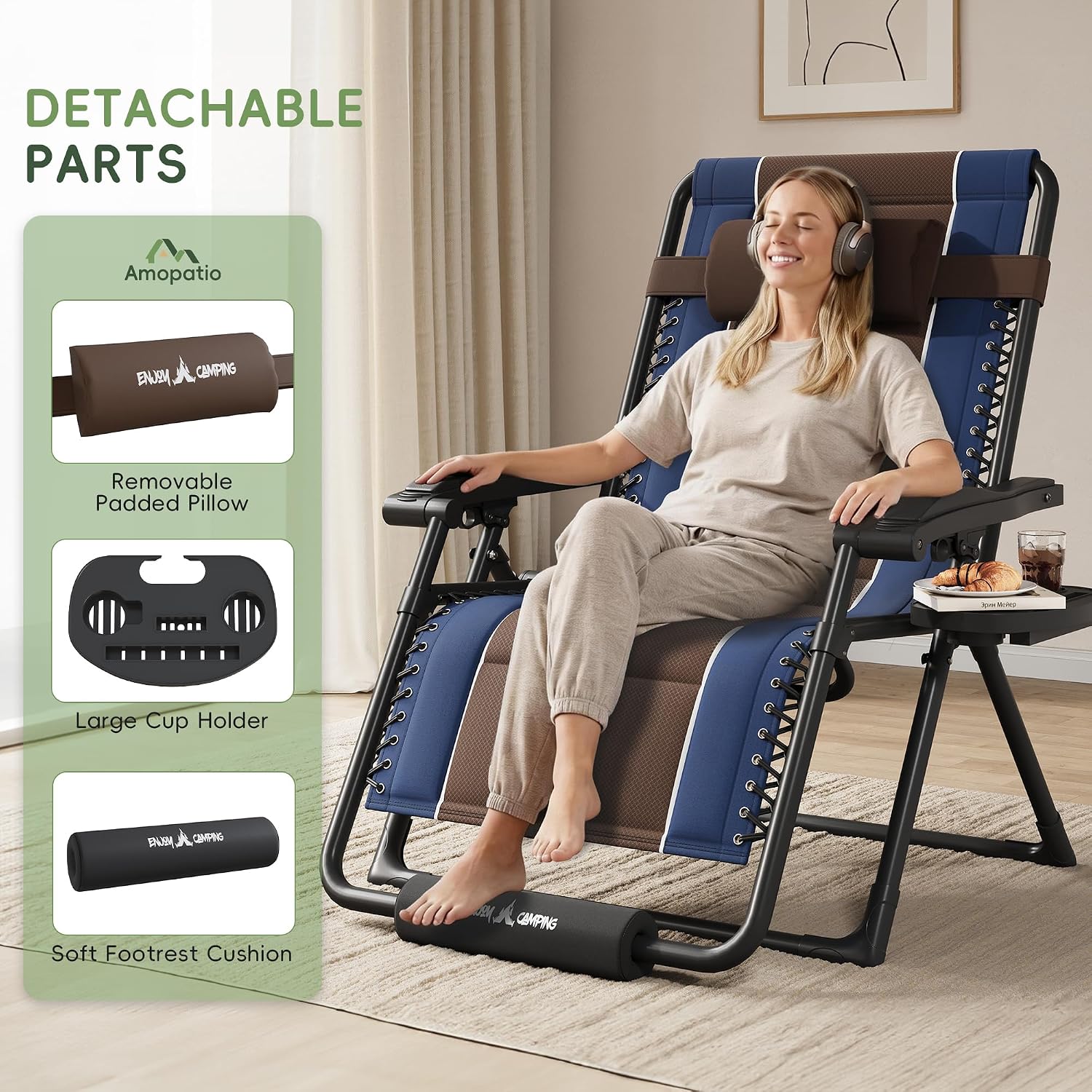 Amopatio XXL Padded Zero Gravity Chairs Set of 2 Foldable Zero Gravity Lounge Chair Outdoor Portable Reclining Chair with Removable Cup Holder/Headrest/Footrest