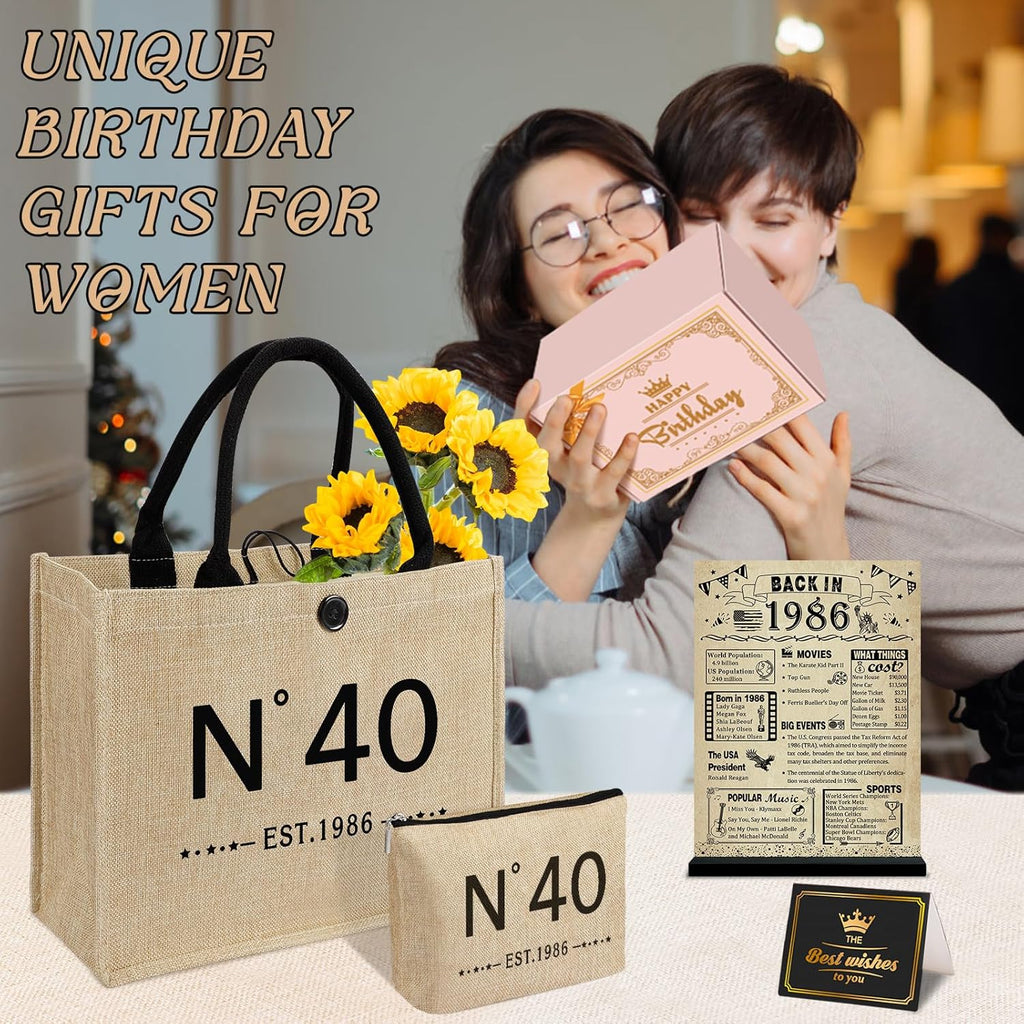 YeohJoy 40th Birthday Gifts for Women Jute Tote Bag, Vintage N°40 Burlap Handbag with Cosmetic Bag and Back in 1986 Poster, Unique 40 Years Old Gifts for Mom Wife Friends Sister Her