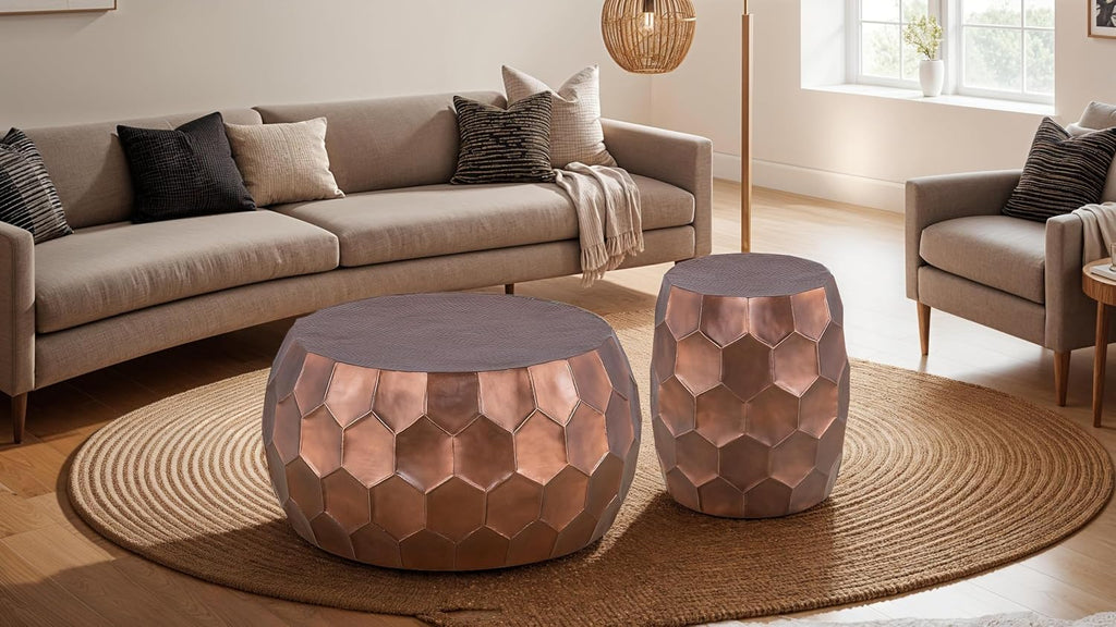Round Aluminum Material 32" Coffee Table and 21" Height End Table Set 2PC Tables with Glossy Diamond Patterned Base Copper