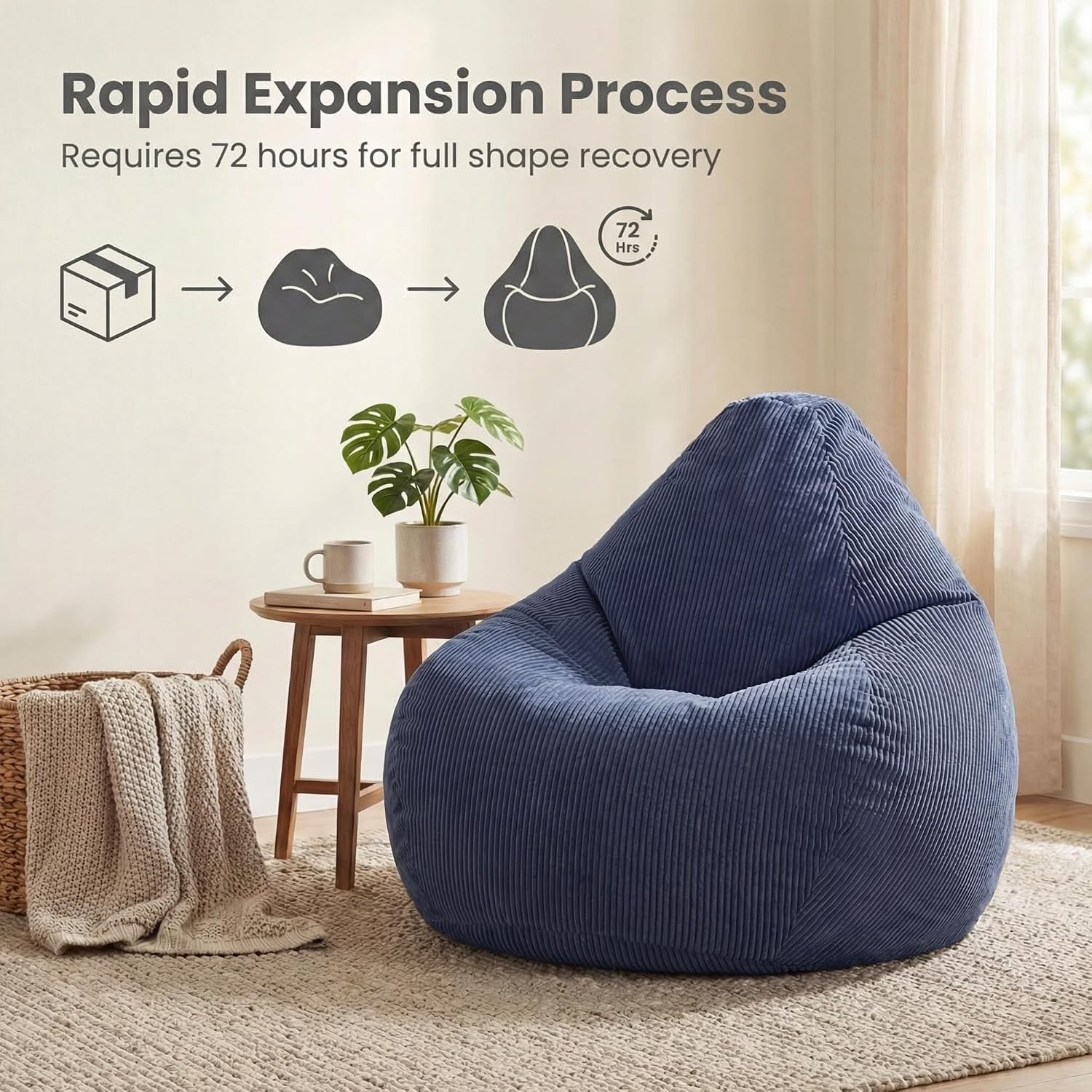 COSTWAY Bean Bag Chair for Adults & Kids, Corduroy Beanbag Chair for Teens, Comfy Sponge Filling Soft Lazy Sofa Chair for Living Room, Bedroom (Navy, 32"x35"x28")