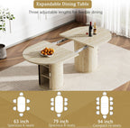 63"-94" Large Oval Extendable Dining Table for 6 8 10, Faux Travertine Expandable Kitchen Table with Fluted Cylindrical Storage Base, Modern Farmhouse Expanding Table for Dinner Party Family Gathering