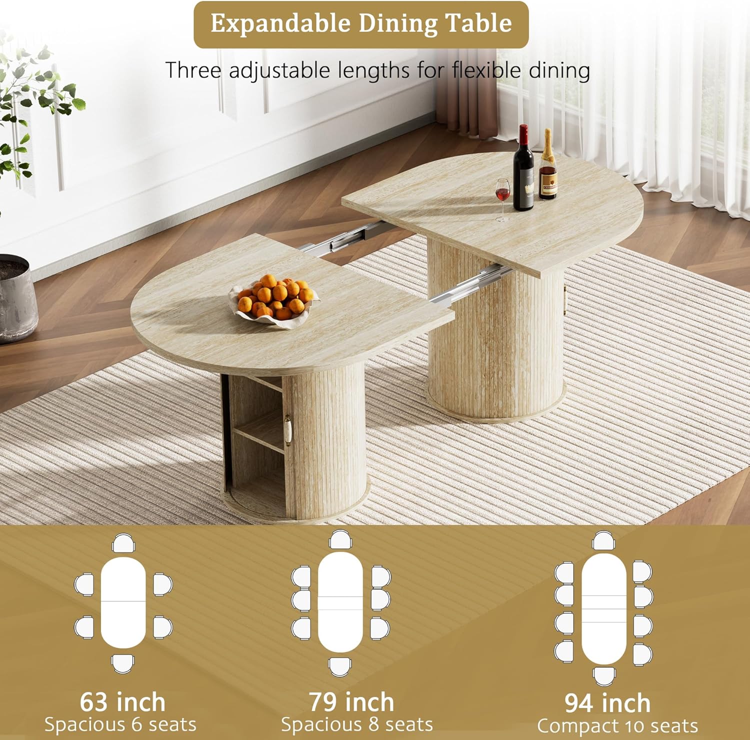 63"-94" Large Oval Extendable Dining Table for 6 8 10, Faux Travertine Expandable Kitchen Table with 2 Storage Base & Sliding Doors, Modern Farmhouse Dining Table for Dinner Party Family Gathering