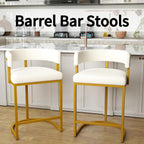 Modern Barrel Bar Stools Set of 3, 24" Velvet Counter Height Stools with Comfy Back and Arms, Sherpa Upholstered Kitchen Island Chair for Home Bar, Ivory