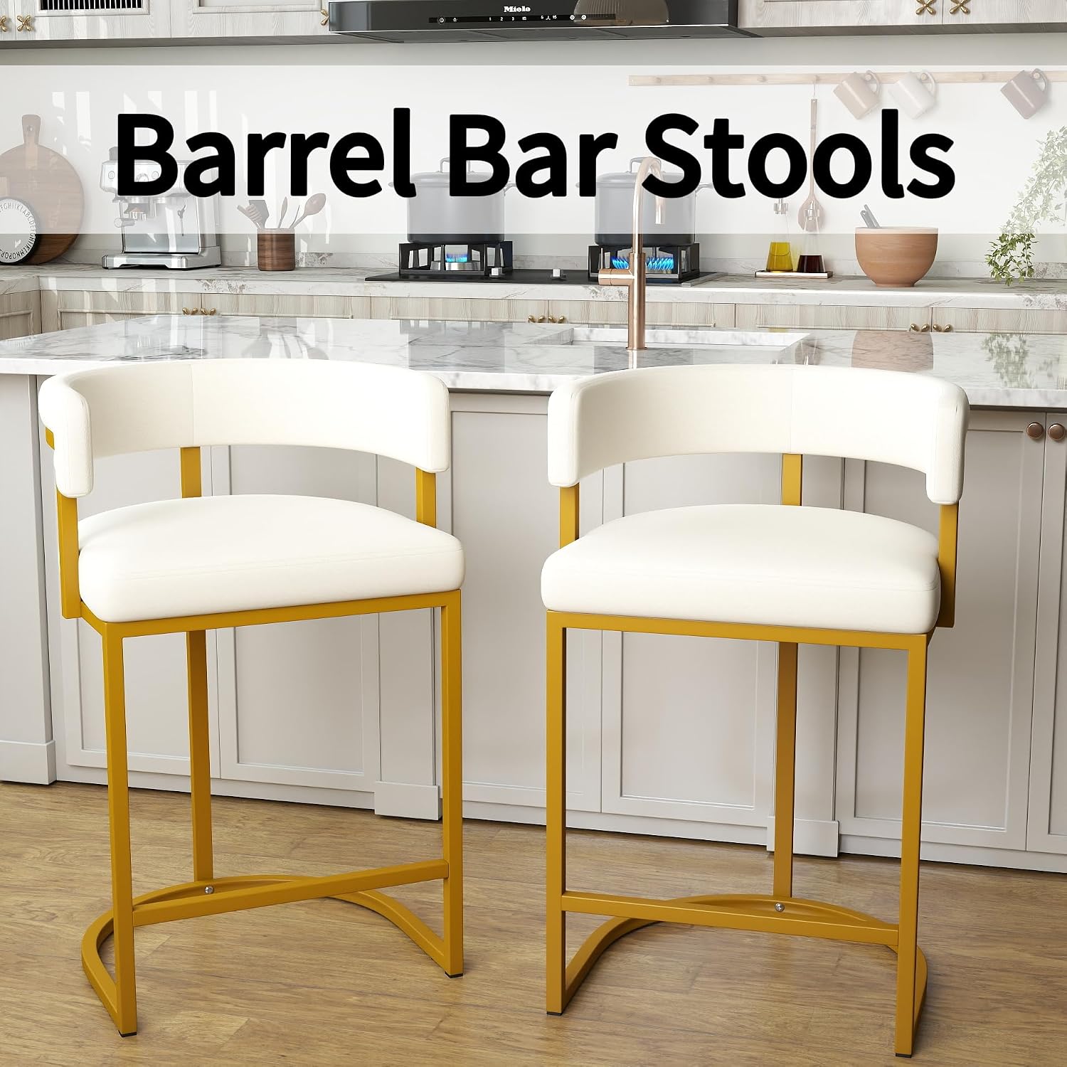 Modern Barrel Bar Stools Set of 3, 24" Velvet Counter Height Stools with Comfy Back and Arms, Sherpa Upholstered Kitchen Island Chair for Home Bar, Ivory