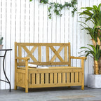 Patio Wooden Bench with Storage Box, 29 Gallon Outdoor Storage Bench, Large Entryway Deck Box w, Unique X Shape Back, for Deck, Porch Balcony, Yellow