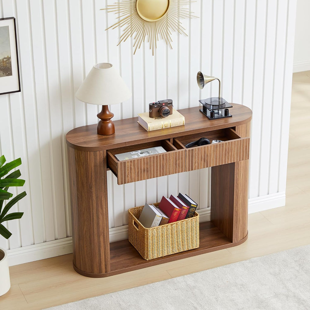 42.5” Console Table with 2 Drawers, Fluted Entryway Table with Rounded Corners, Rectangular Sofa Table Behind Couch for Living Room, Hallway, Foyer (Walnut)