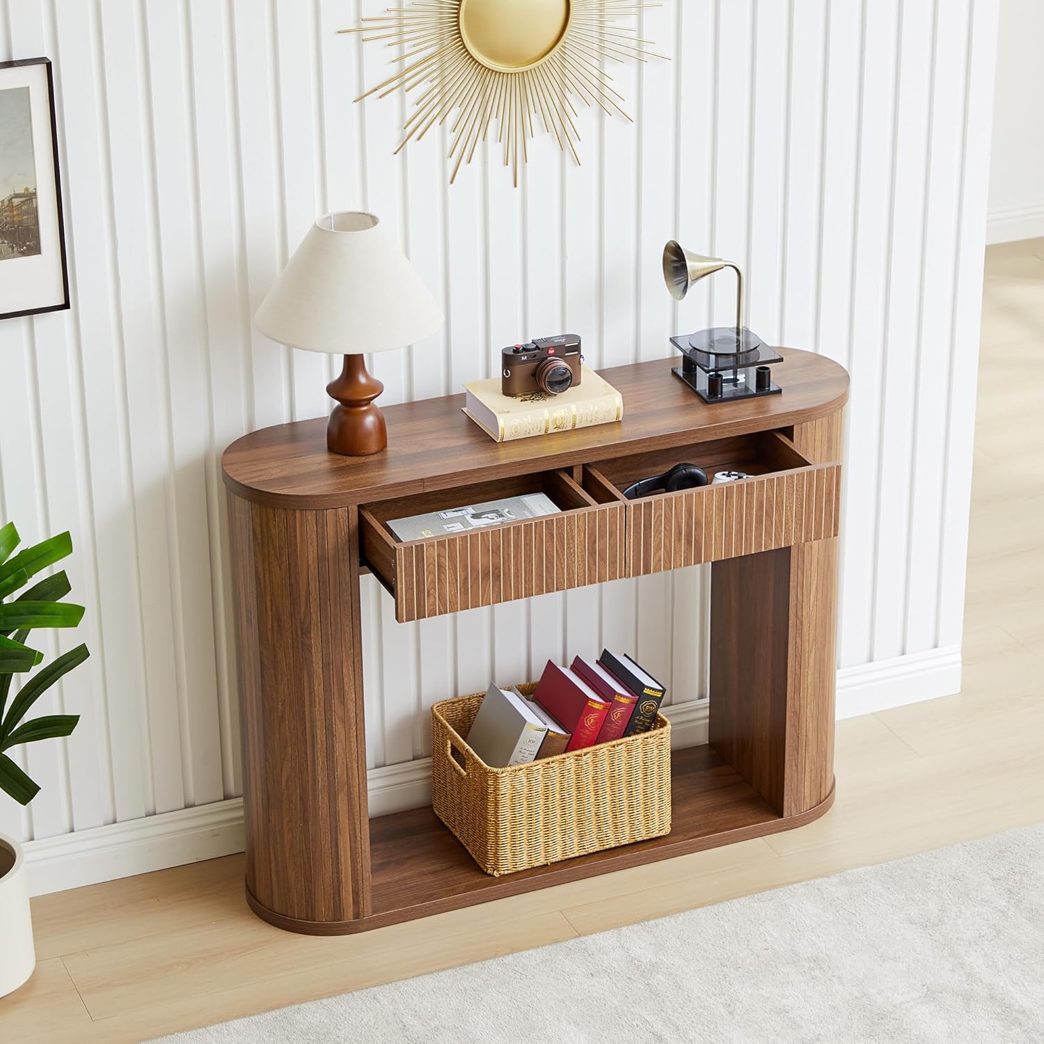 42.5” Console Table with 2 Drawers, Fluted Entryway Table with Rounded Corners, Rectangular Sofa Table Behind Couch for Living Room, Hallway, Foyer (Walnut)