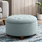 30'' Round Ottoman Coffee Table with Storage, Upholstered Tufted Ottoman with Flip Tray, Solid Wood Legs for Living Room, Bedroom, Blue