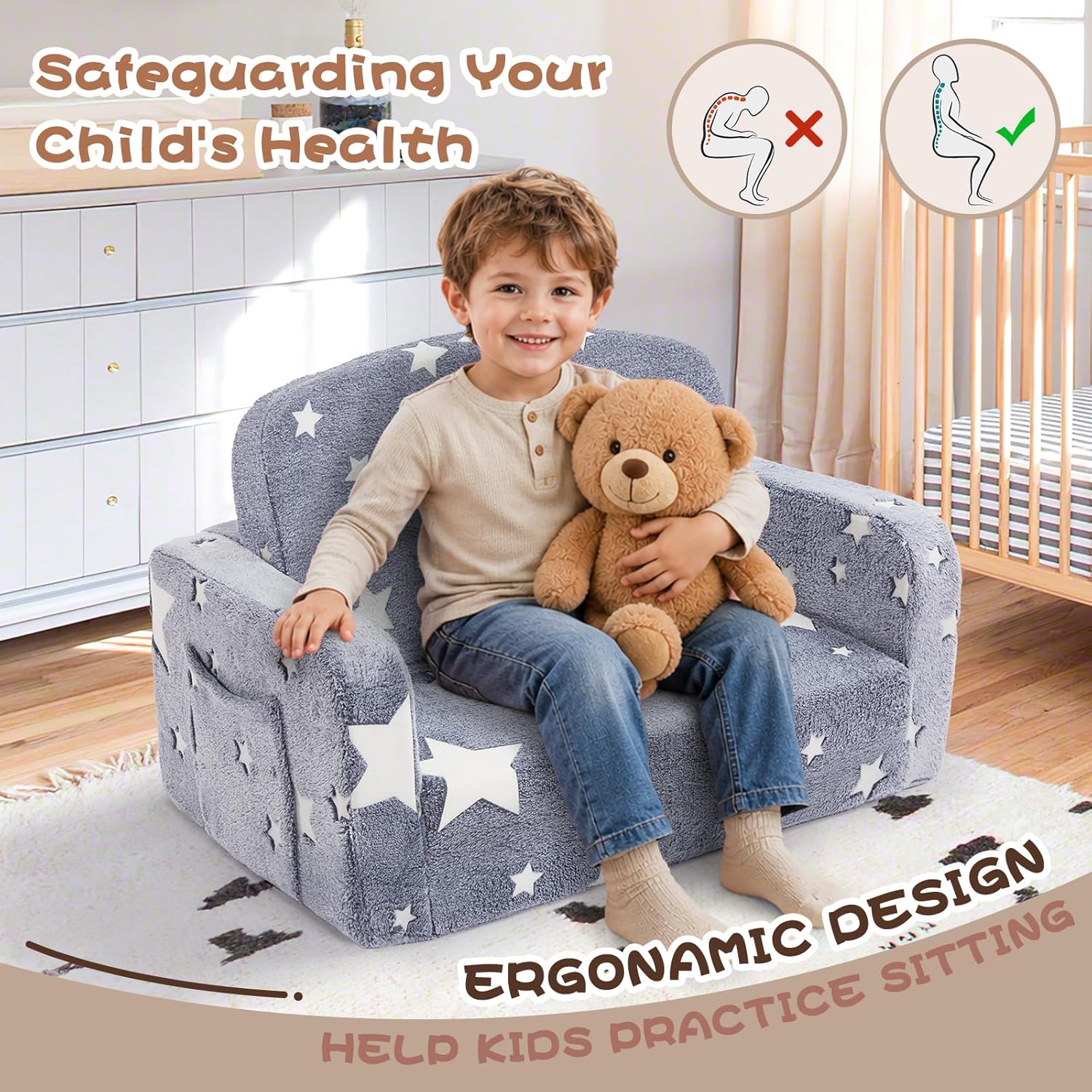 Foryoomi Extra Wide Kids Couch, 2-in-1 Soft Couch with Blanket, Glow in The Dark, Comfy Chair with Cloud Pillow, Convertible Sofa, Star