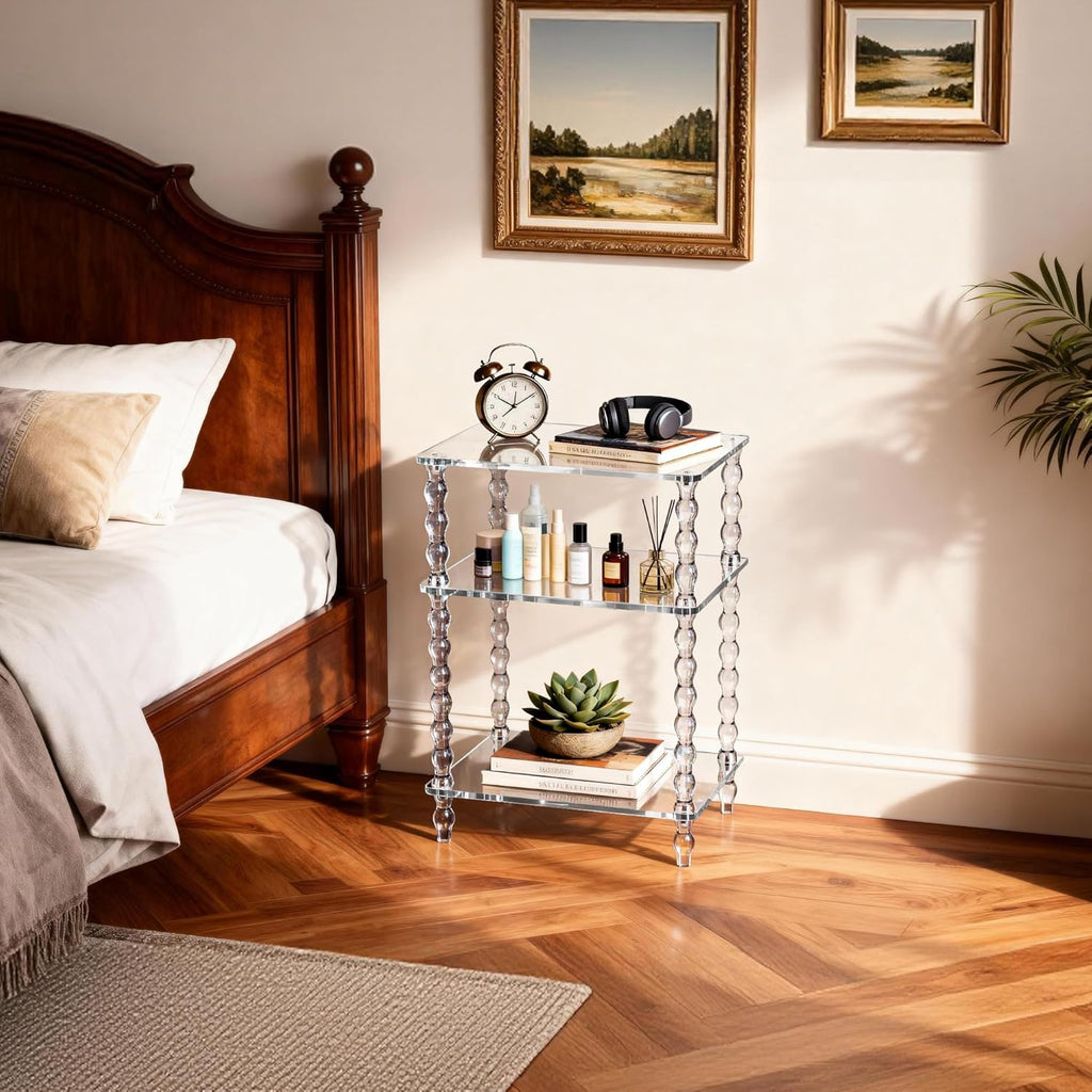 Acrylic Side Table Clear 3-Tier End Table for Living Room, Office, Hallway, Bedroom,Bathroom (Clear, Nomal)