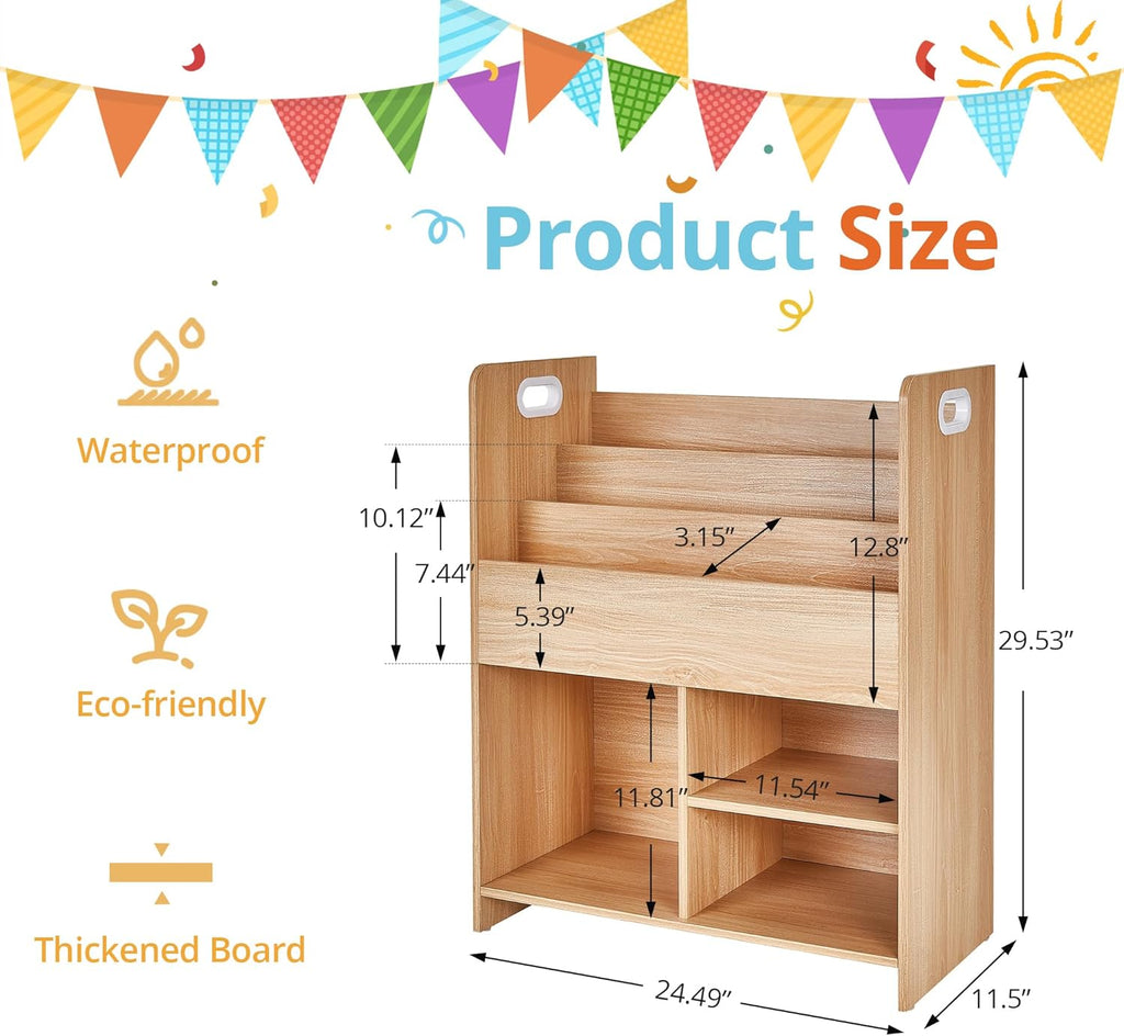 VECELO Wooden Kids Bookshelf, Toddler Bookcase Toy Storage Organizer with Open Shelves, Multi-Purpose Children Book Shelf for Books Toys, Toy Storage Cabinet for Nursery, Playroom, Bedroom, Natural