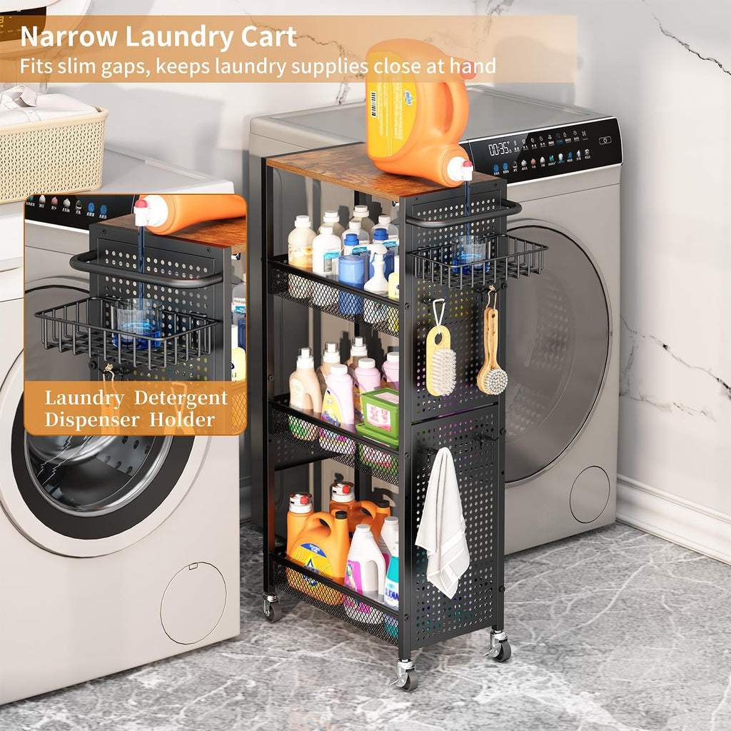 Slim Storage Rolling Cart: 4-Tier Narrow Metal & Wood Utility Cart with Wheels for Kitchen/Laundry/Bathroom(Black)