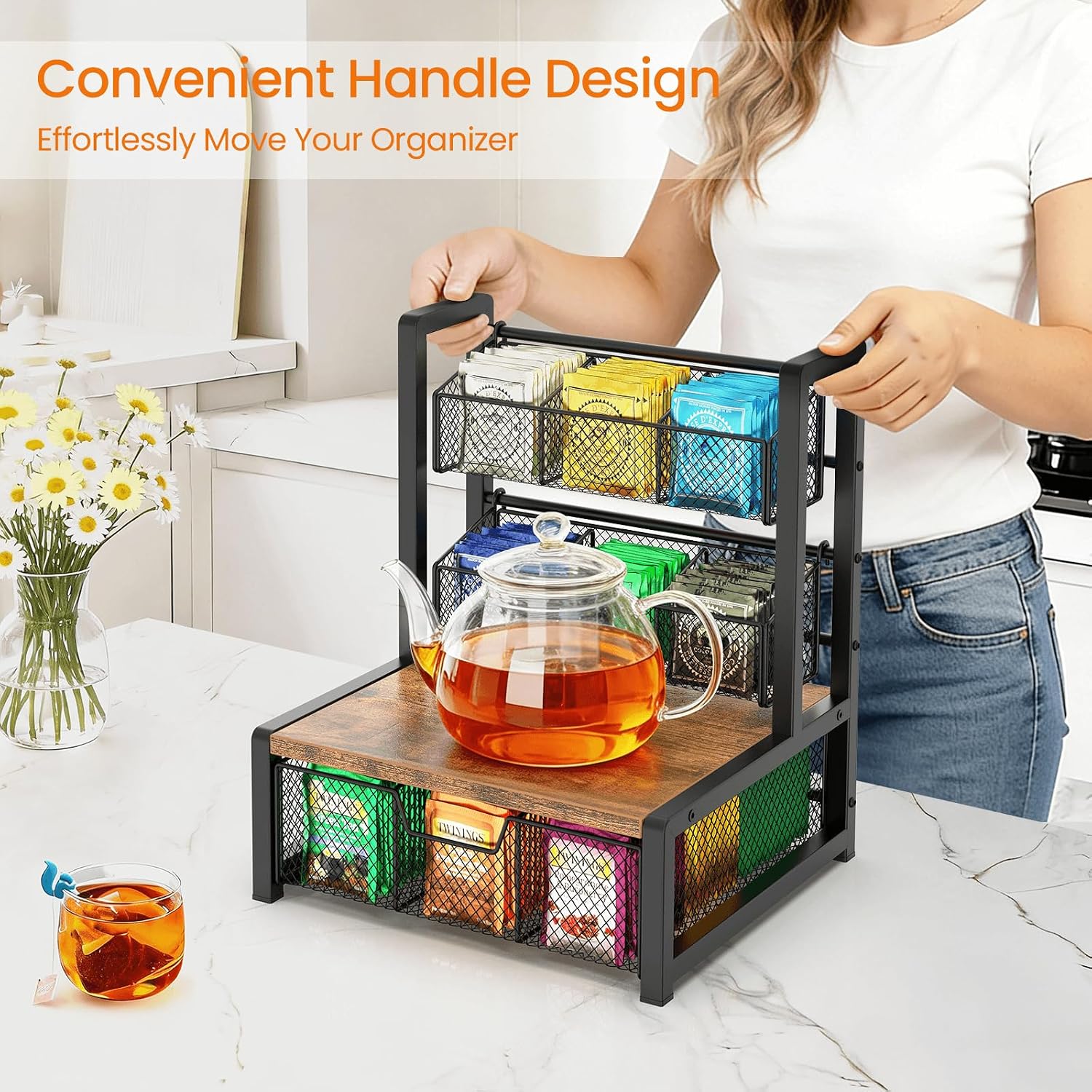 Homode Tea Bag Organizer, 3 Tier Tea Storage Container Box, Wood Tea Station Caddy, Teabag Holder Stand with Drawer Basket, Large Tea Chest Display Rack for Countertop Cabinet Office, Rustic Brown