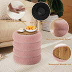 Soft Teddy Round Ottoman with Tray, 17.5 Inches Ottoman Coffee Table with Storage for Living Room, Vanity Stool with Storage Bedroom, Load up to 300 lb, No Assembly Required (Dusty Pink)