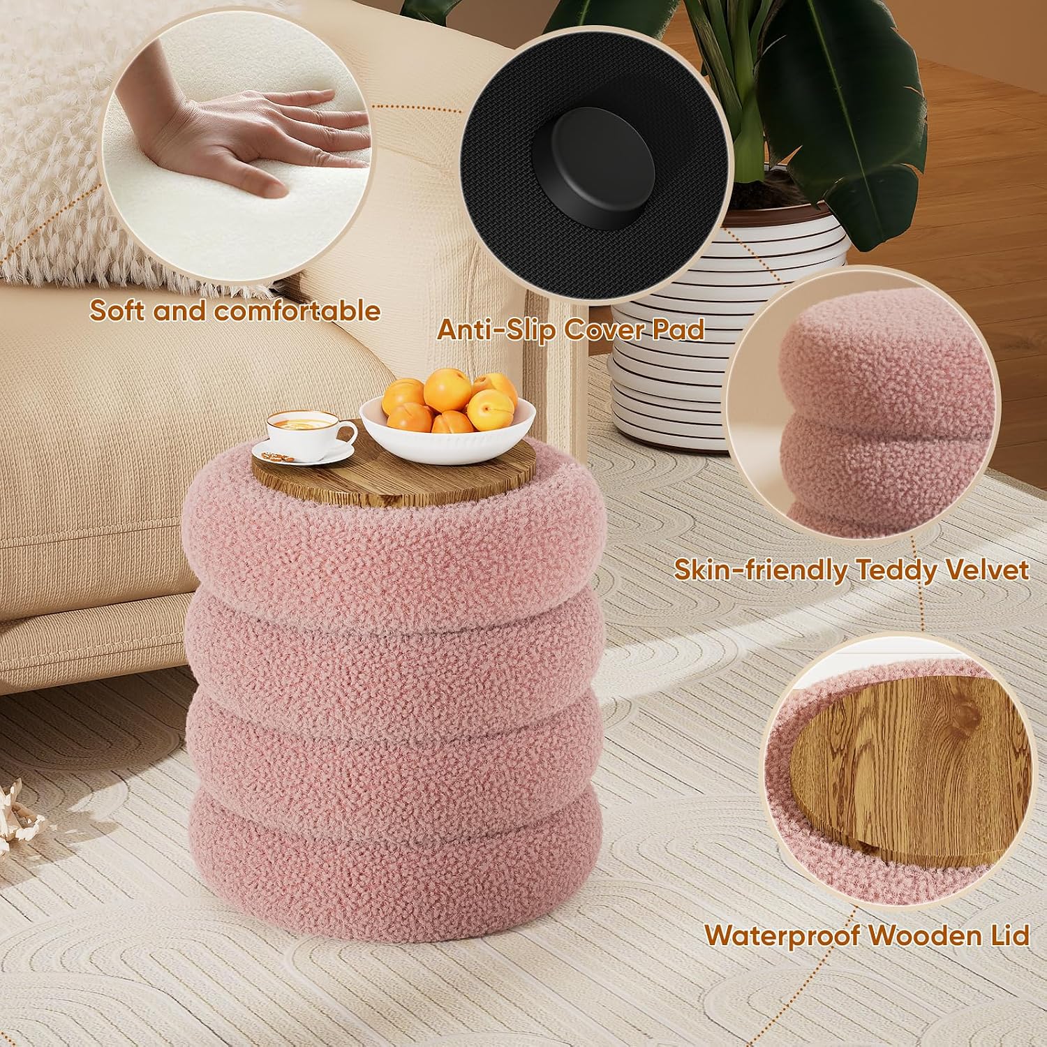 Soft Teddy Round Ottoman with Tray, 17.5 Inches Ottoman Coffee Table with Storage for Living Room, Vanity Stool with Storage Bedroom, Load up to 300 lb, No Assembly Required (Dusty Pink)