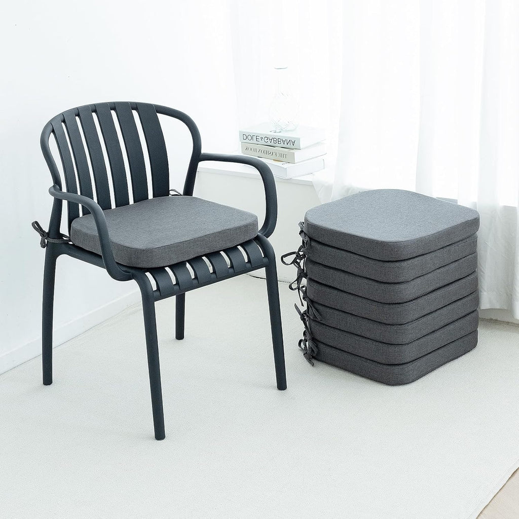 Helios&Hestia Indoor Dining Chair Cushions with Ties for Kitchen, Outdoor Seat Pads with Removable Cover, Non-Slip Bottom, Waterproof, High-Resilient Foam, 17" x 16" x 2", Set of 8, Dark Grey