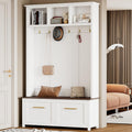 Modern Hall Tree with 6 Golden Hooks, Wood Entryway Coat Hanger with Brown Wood Grain Storage Bench and Top Open Storage Shelves, Versatile 4-in-1 Entryway Coat Rack for Entrance Hallway (White-9.8)