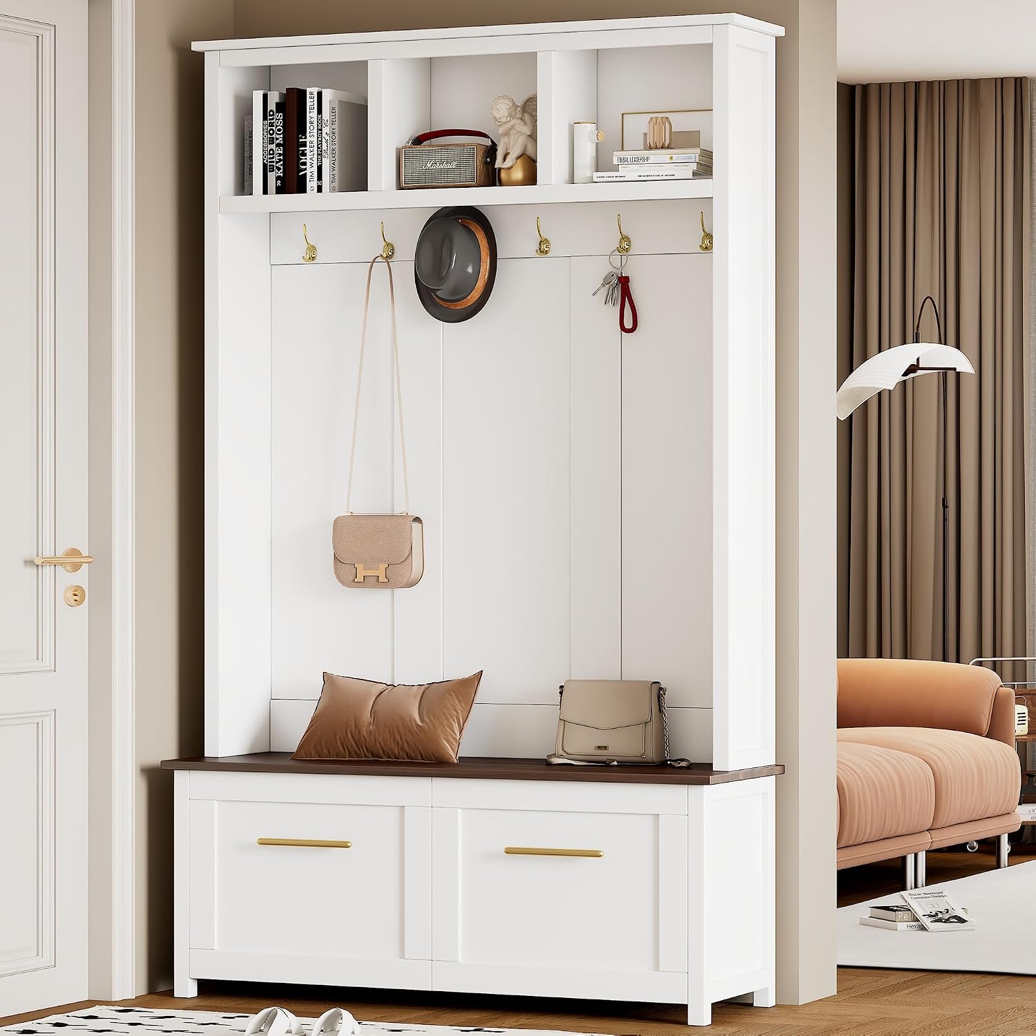 Modern Hall Tree with 6 Golden Hooks, Wood Entryway Coat Hanger with Brown Wood Grain Storage Bench and Top Open Storage Shelves, Versatile 4-in-1 Entryway Coat Rack for Entrance Hallway (White-9.8)