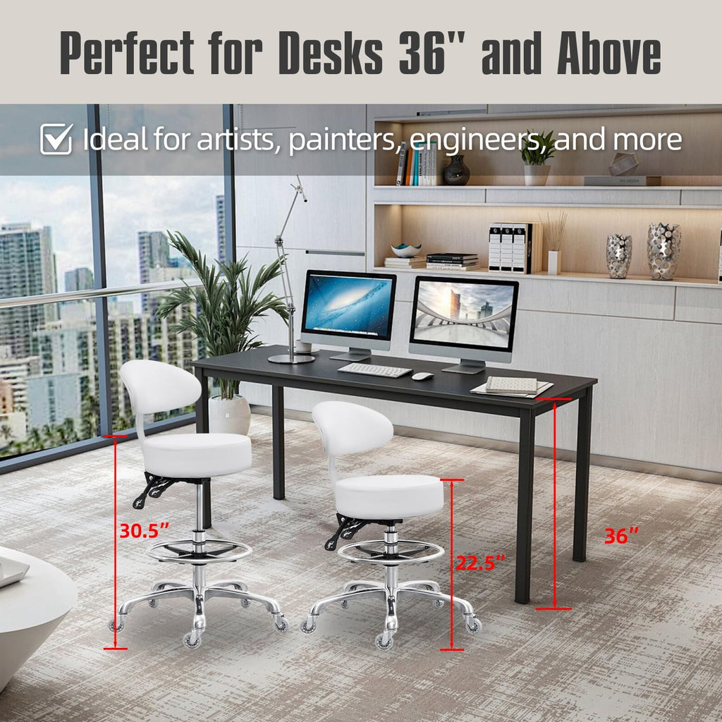Grace&Grace Drafting Chair Big Cushion Rolling Stool with Back, Tall Shop Stool Rolling Chair with Footrest for Studio, Workshop, Classroom, Lab, Counter, Home Office (White)
